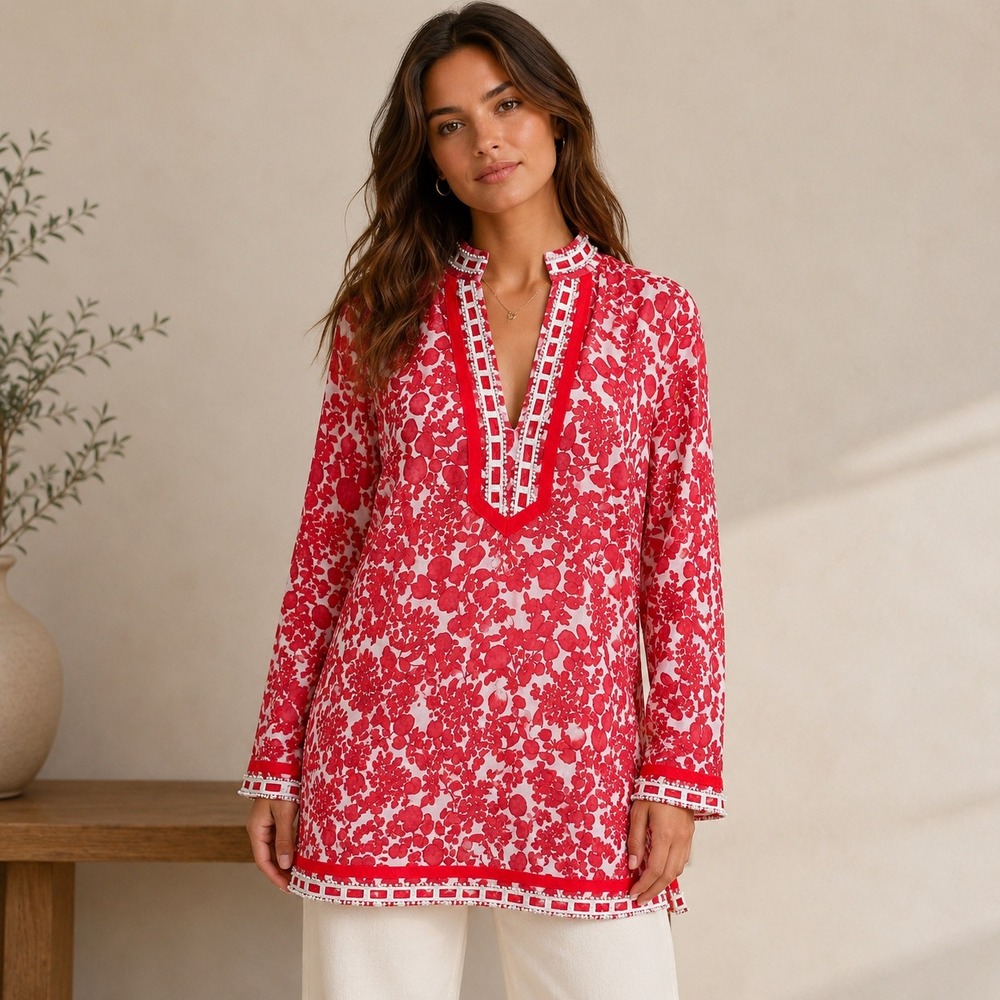 Tory Burch Womens Tunic Top Red Floral Beaded Lattice Resort Coastal 10